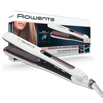 Imagen de Rowenta Premium Care Brush &amp; Straight SF7510F0 Plancha de pelo con cepillo integrado para alisado natural volumen, función iónica, recubrimiento cashmere Keratin aceite argán