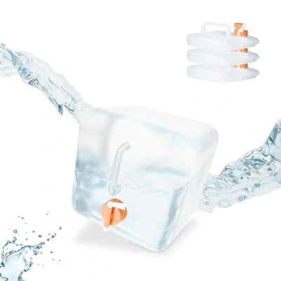 Imagen de Relaxdays Botes Pack 4 Bidones Plegables, Garrafas Agua Cuadradas, Grifo y Asa, de 5 litros, sin BPA, Transparente/Naranja