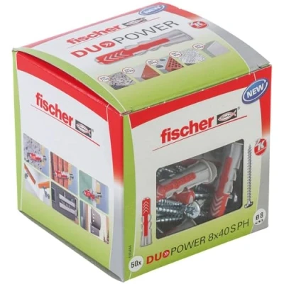 Imagen de fischer DUOPOWER 8 x 40 S PH, 50 tacos y tornillos para pared universales con tornillo de cabeza plana, 2 componentes, taco plástico fijación en hormigón, ladrillo, piedra, cartón yeso