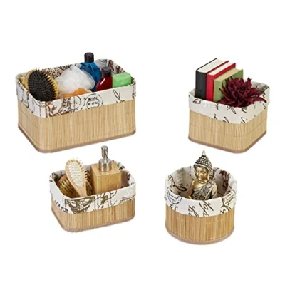 Imagen de Relaxdays Almacenaje Set 4, Cajas Organizadoras 4 Tamaños, Bambú y Poliéster, Cestas Apilables, Natural Crema