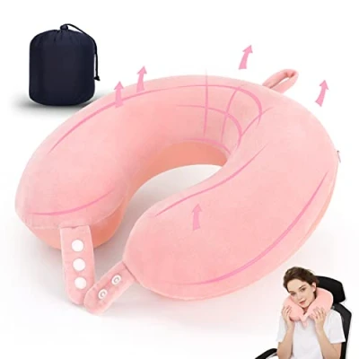 Imagen de Almohada de cuello viaje espuma viscoelástica, suave y ajustable para apoyar la cabeza, el avión, coche sillón reclinable en casa (rosa)