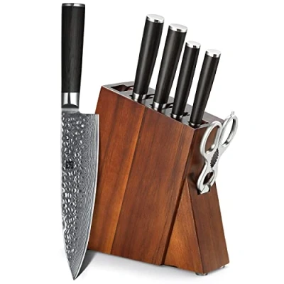Imagen de XINZUO Cuchillos de Cocina Forjados Acero Damasco con Bloque Madera Acacia, Set 7 Piezas, Tijeras Multifuncionales, Cuchillo Chef Afilado Profesional para Vegetales He Serie