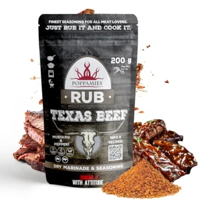 Imagen de Poppamies Texas Beef BBQ Rub Sazonador 100% Natural para Marinada Seca y Condimento Perfecto Res Cerdo Mezcla de Especias Perfectamente Equilibrada Paquete Grande 200g