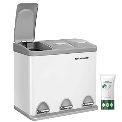 Imagen de SONGMICS Cubo de Basura Cocina, Basurero Clasificador 3 x 8 L, Capacidad Pequeña, con Tapas, Triple Acero para Familias Pequeñas, Pedales y Cubos, Blanco Gris LTB24WT