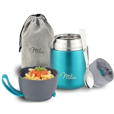 Imagen de Milu Termo para Comida 300ml, 440ml, 450ml, 650ml, 800ml Taza Aislada, Botella de Acero Inoxidable Aislada Alimentos, Beber y sopa los niños adultos A prueba fugas Térmico (450ml/Verde)