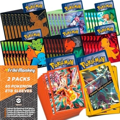 Imagen de Fundas de Caja Entrenador Elite Pokemon [65 Fundas], Presume Tus Cartas con Las Promocionales Cajas ETB Pokemon, para (2 Packs)