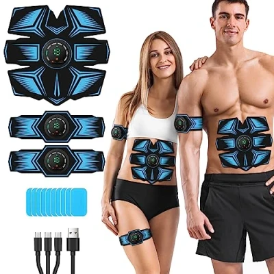 Imagen de EMS Electroestimulador Muscular, Abdominales Electroestimulacion, USB Recargable Estimulador Eléctrico Abdominal para Hombres Mujeres, Abdomen/Brazos/piernas, 8 Modos y 19 intensidades (azul)