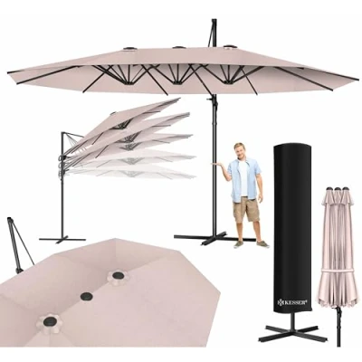 Imagen de KESSER® Sombrilla, 4,6m x 2,7m Sombrilla Cubierta y Protección Contra el Viento, Con Manivela Soporte, Aluminio, Hidrófuga, Inclinable Inclinable, Orientable 360, Topo Sin LED