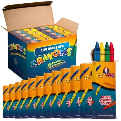 Imagen de Bedwina crayones a granel: ¡576 crayones! Caja de 144 paquetes 4, colores premium para niños y pequeños, no tóxicos, regalos fiesta, restaurantes, bolsas