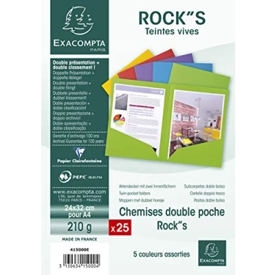 Imagen de Exacompta 415000E Lote de 25 Subcarpetas Dobles Rock&quot;S 210 con Solapas Inferiores, Colores Surtidos