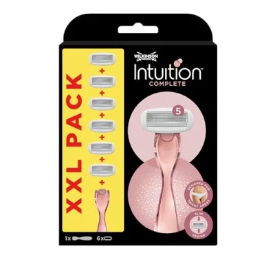 Imagen de Wilkinson Sword Intuition Complete Pack XXL Maquinilla de Afeitar Mujer, Incluye 6 Recambios 5 Hojas la Gama Intuition, Apta para Todas las Zonas, Diseño Slim