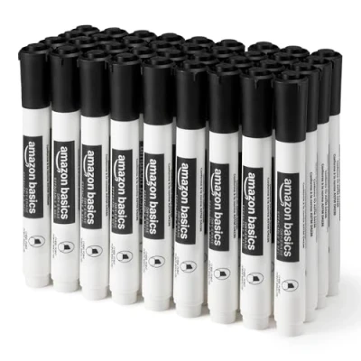 Imagen de Amazon Basics Rotuladores de punta cincelada, borrado en seco y poco olor para pizarra blanca, negro, 36 unidades