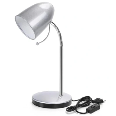 Imagen de lámpara plateada de escritorio, escritorio retro sin bombilla, flexo para leer, estudiar, compatible con bombillas led E27, 240V max, trabajar, leer y más