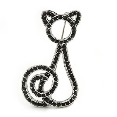 Imagen de Broche en forma de gato con diamantes negro azabache revestimiento rodio