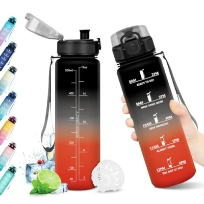 Imagen de Botella Agua Deportiva 500ml, Motivacional, con Marca de Tiempo, Filtro, Reutilizable, Garrafa sin BPA, Cantimplora para Escuela, Oficina, Sport, Yoga, Gimnasio