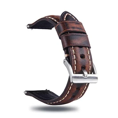 Imagen de Berfine Quick Release Correa de reloj cuero vaca vintage retro con hebilla acero inoxidable repuesto para inteligente 18 mm, 20 22 24 26 Marrón oscuro, 20mm,