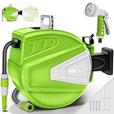 Imagen de tillvex Carrete para manguera de agua 15+2m con soporte pared Enrollador pistola manual y jardín Caja enrollado automático