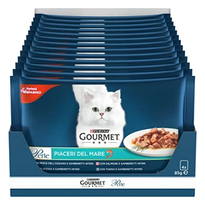 Imagen de Gourmet Purina Perlas para placeres del mar, filetes de Salsa y Comida húmeda Gatos con Pescado océano, platesa, salmón, atún camarones, 48 Sobres 85 g
