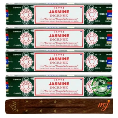 Imagen de Satya Nag Champa varillas de incienso jazmín con soporte para M&amp;J, paquete 4 unidades, aromaterapia, spa, yoga, bodas, meditación, curación, positividad y relajación