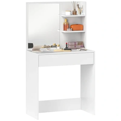 Imagen de HOMCOM Tocador de Maquillaje con Espejo Mesa Cajón y Estantes Abiertos para Dormitorio Salón Blanco