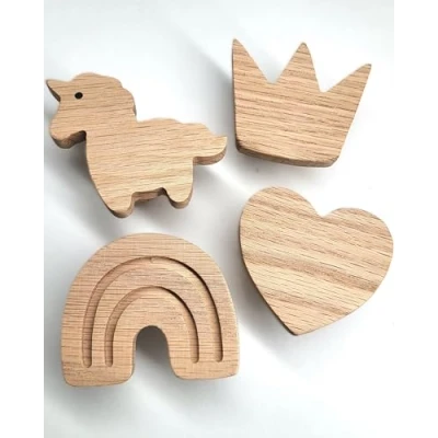Imagen de Tiradores de muebles con diseño cuento hadas, para infantiles, madera roble sin tratar cómoda armario puerta habitación los niños regalo (4 unicornio corazón arco iris corona)