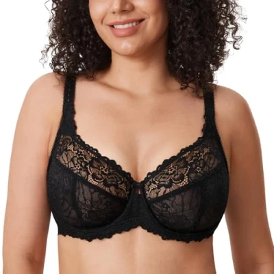 Imagen de DELIMIRA Mujer Sujetador con Aros Transparente Talla Grande Cobertura Completa Negro 90G