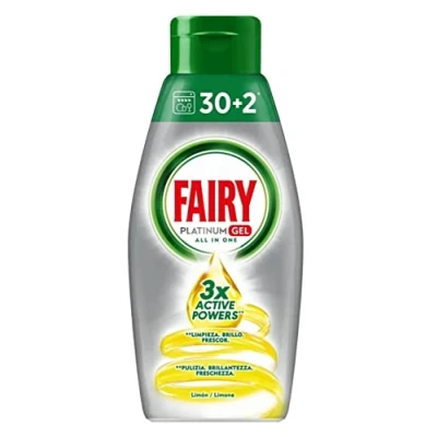 Imagen de Fairy Platinum Gel detergente para lavavajillas limón, 384 lavados, tamaño maxi de 12 x 32 100% disolución y una limpieza óptima