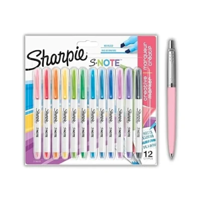 Imagen de Sharpie S Note Rotuladores resaltadores para dibujar, escribir y más, colores pastel, 12 unidades + bolígrafo pastel (tinta azul)
