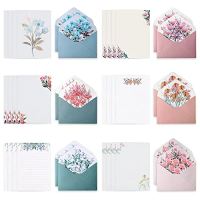 Imagen de REFORUNG Juego de Papel y Sobres Cartas 24 Hojas para Escribir 12 Bonitos con Patrones Flores 6 Estilos Correspondencia Boda Invitacion