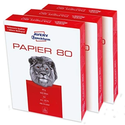Imagen de AVERY Zweckform 2575 papel para impresora (1500 hojas, 80 g/m², DIN A4, todas las impresoras), 1 caja de 3 unidades, color blanco