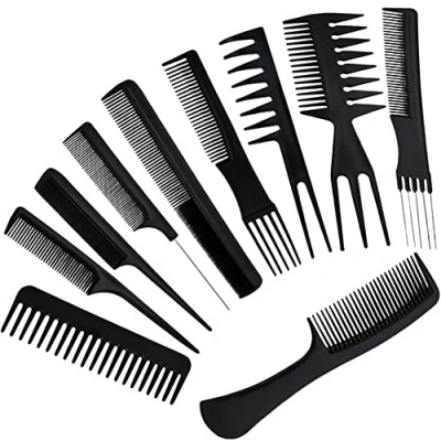 Imagen de PARENCE Lote de 10 peines pelo antiestáticos, peine peluquería profesional antiestático resistente al calor, dientes finos y anchos (paquete peines)