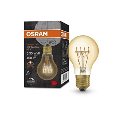 Imagen de OSRAM Lámpara LED Vintage 1906 dorada, 4,8 W, 400 lm, forma de globo con 200 mm diámetro, casquillo E27, luz blanca cálida, filamento en espiral, regulable, vida útil hasta 15.000 horas