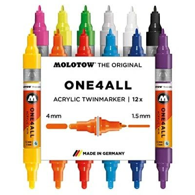 Imagen de Molotow One4All Juego de rotuladores acrílicos Twin (1,5 mm y 4,0 mm, alta cobertura permanente, resistente a los rayos UV, para casi todas las superficies), 12 unidades surtidas