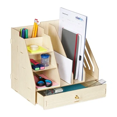Imagen de Relaxdays Organizador Escritorio 3 Compartimentos A4, Baldas, 2 Portalápices, 1 Cajón, Oficina, MDF, Marrón Claro, Tablero de Fibras, 29,5 x 33 24 cm