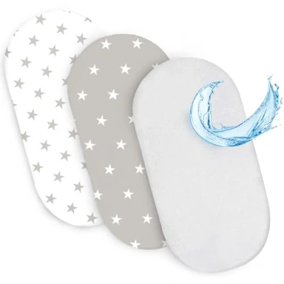 Imagen de sábana Ajustable para Cochecito de niño y moisés Cuna Juego 3: 75 x 35 cm 2X Funda con 1x Protector colchón Impermeable Ajustable. Estrellas Blanco Gris