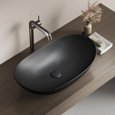 Imagen de EMKE Lavabo Oval 61,5 x 36 15,5 cm, de Cerámica para Baño y WC Invitados, Mini Pequeño, Negro Mate