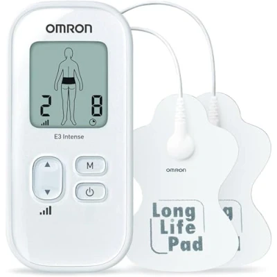 Imagen de Dispositivo TENS OMRON E3 Intense Terapia del dolor adaptable con 6 programas, 3 programas de masaje, 15 niveles intensidad y almohadillas duraderas, reutilizables lavables.