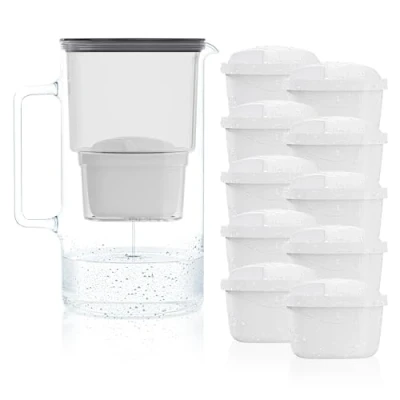 Imagen de Wessper jarra de agua cristal 2,5 L, juego y 10 cartuchos filtro, compatible con Brita Maxtra, para potable filtro repuesto, color negro