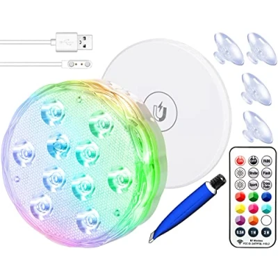 Imagen de Qoolife luces subacuáticas recargables 3,3 pulgadas USB magnético impermeable piscina de noche a control remoto RGB cambiante sumergible LED para fiesta jarrón Navidad acuario tina