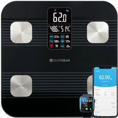 Imagen de Silvergear® Báscula Grasa Corporal y Muscular de Baño Inteligente Balanza Peso con App 17 Funciones Medición: Grasa, Masa Muscular, IMC, Peso, Óseo, BMR