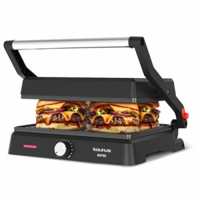 Imagen de Taurus Grill Bistro 2600W 2 en 1: y Plancha Placas de 29x23 cm Placa Basculante Apertura 180º Revestimiento Antiadherente sin PFOA Bandeja Recogegrasas Termostato Regulable