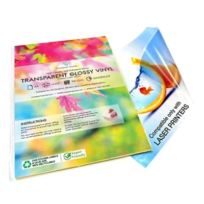 Imagen de Evergreen Goods 10 Hojas A4 Papel autoadhesivo de vinilo transparente brillante resistente al agua para impresora láser impresión rótulos, etiquetas y pegatinas