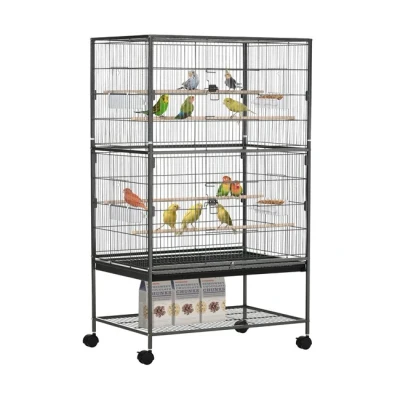 Imagen de PawHut Jaula para Pájaros con Ruedas Pajarera Metálica Bandeja Extraíble 4 Puertas Comederos Perchas y Estante de Almacenaje Canarios Periquitos 78x52x132 cm Gris Oscuro