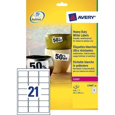 Imagen de Avery L7060 20 (63,5 x 38,1 mm), etiquetas adhesivas resistentes a la intemperie, 21 por hoja A4