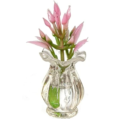 Imagen de Melody Jane Casa de muñecas, flores rosadas en jarrón transparente, accesorio jardín miniatura escala 1:12