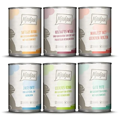 Imagen de MjAMjAM comida húmeda premium para gatos paquete mixto III (6 x 400 g) caza y conejo, pavo, pato aves, corazones, pollo, ternera, sin cereales con carne extra