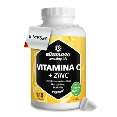 Imagen de Vitamina C + Zinc 1000mg con Bioflavonoides Sistema Inmunológico y Reducción del Cansancio 180 Comprimidos para 6 Meses Vegano sin Aditivos Calidad Alemana