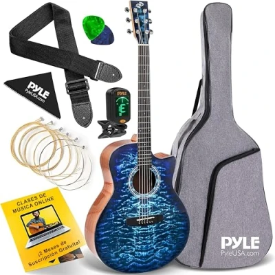 Imagen de Pyle Blue Ocean Ripple, Guitarra acústica de cuerda acero, Tapa abeto sólido y acabado brillante, Tamaño completo, Kit accesorios, Afinador digital, Ideal para principiantes