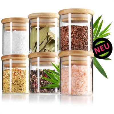 Imagen de Robin Goods® 6 Tarros de almacenamiento con tapas bambú 200ml para especias vidrio borosilicato reforzado herméticos caja redonda reutilizable (06 piezas 200ml)