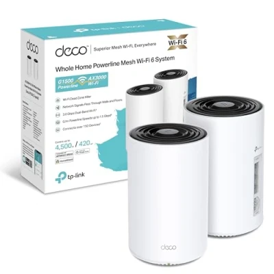 Imagen de TP Link Deco PX50 (2 Pack) Sistema WiFi 6 AI Mesh+PLC, AX3000+G1500 Doble Banda 2.4 GHz/5 GHz, Cobertura hasta 400 m2,Conecta 150 Dispositivos, 3X Puertos GigabIt por Unidad,MU MIMO